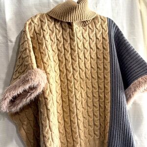 Boho Chic cable knit turtleneck sweater cover faux fur oversized color block Med